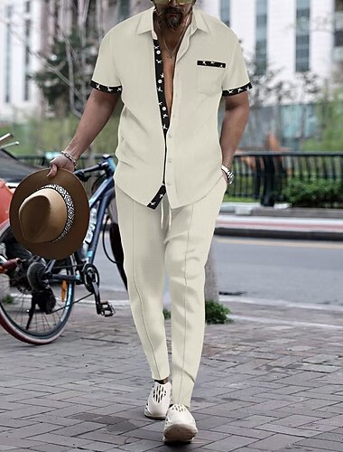  Per uomo Completi T-shirt Completi camicia e pantaloni Outfit 2 pezzi Manica Corta Bavero Estate Blocco di colori Moda Casual 2 Pezzi Vacanza Abbigliamento quotidiano Uscire Nero Bianco Vino