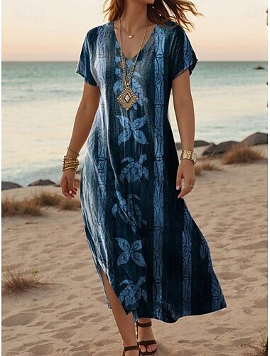  Damen Maxikleid Freizeitkleid A Linie Kleid Stilvoll Lässig Urlaub Täglich Normale Passform Blumen Vintage Kurzarm V Ausschnitt Hellgrün Blau Purpur Dunkelblau Sommer Frühling