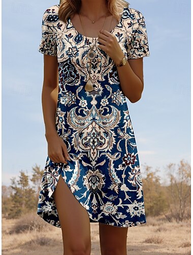  Dames Mini-jurk Casual jurk Vintage Casual Dagelijks Normale pasvorm Geometrisch Kleurenblok Korte mouw Strakke ronde hals Wijn blauw Groen Grijs Zomer