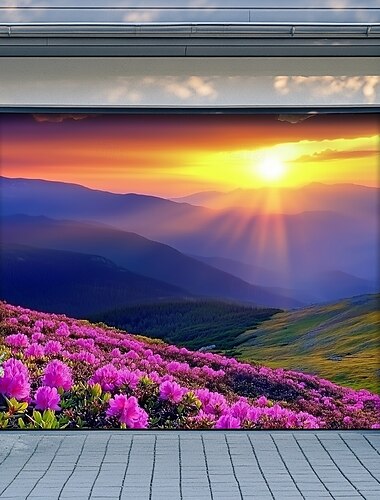  Landschaft Blumen Tür Dekorationen Garage Tür Abdeckung Außen Banner Große Kulisse für Feiertag Außen Garage Tür Haus Wand Dekorationen Sonnenuntergang Berg