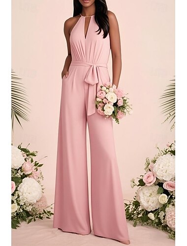  Jumpsuits Bridesmaid Dress Jewel Neck Sleeveless Elegant Floor Length Stretch Fabric with Sash / Ribbon / Ruching