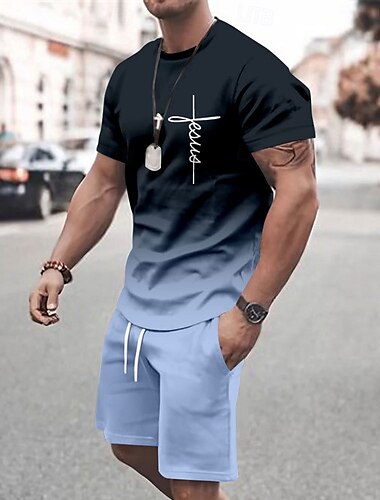  Herren Ombre 2St T-Shirts-Sets Sommeroberteile Kurzarm Kurze Hosen Rundhalsausschnitt Sport Lässig Outdoor Urlaub Sport 3D-Druck Sommer Violett Rubinrot Rote