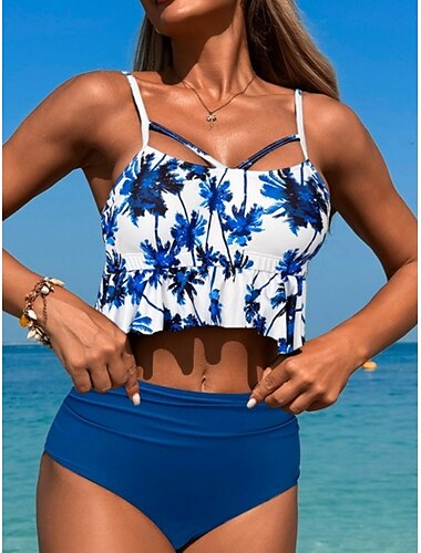  Damen Badeanzüge Bikini 2-teilig Cheeky Badeanzug Rückenausschnitt Slim Urlaub Strandbekleidung Floral V-Ausschnitt Ärmellos Badeshorts