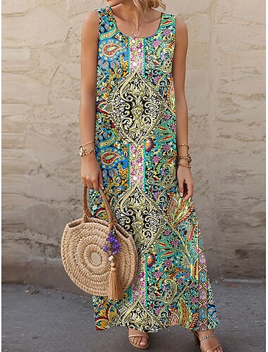  Femme Robe Maxi Robe casual Robe Trapèze mode Décontractées Vacances du quotidien Standard Motif cachemire damassé bohème Sans Manches Col Ras du Cou Vert Printemps Automne