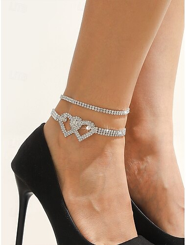  Alloy Zircon Heart-Shaped Anklet and Chain Set for Women – Elegant Bridal Jewelry for Weddings, Parties and Special Occasions