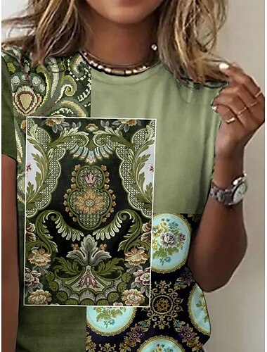  Dame T skjorte Blomstret Grafisk Årgang Elegant Årgang Mote Kortermet Rund hals Vanlige topper Daglig Ut på byen Helg Trykt mønster Salvie Grøn Sommer