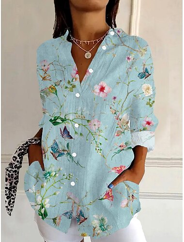  Chemise Femme Imprimé Floral Graphique Quotidien Élégant Rétro Vintage Manches 3/4 Col de Chemise Hauts Classiques Quotidien Vacances Sortie Boutons Bleu Clair Été Printemps