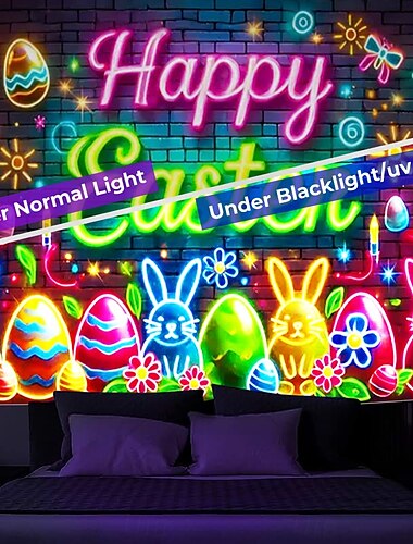  Eier Schwarzlicht-Tapete Leuchten im Dunkeln Glow Party UV reaktiv Hase Kaninchen trippy neblige Natur Landschaft hängende Tapete Wandkunst Wandmalerei für Wohnzimmer Schlafzimmer