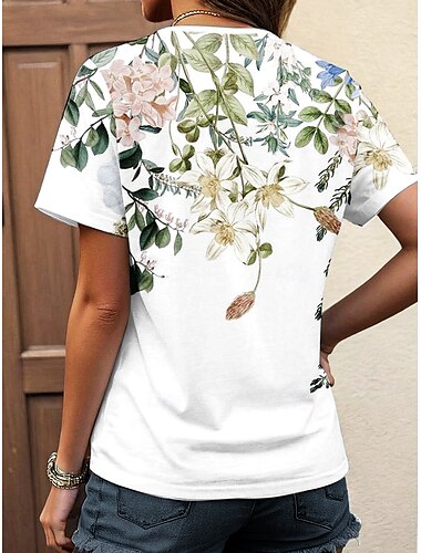  Damen T Shirt Farbverlauf Blumen Brautkleider schlicht Kurzarm Gekerbter Hals Normale Oberteile Täglich Bedruckt Hellgrün Rosa Blau Sommer Frühling
