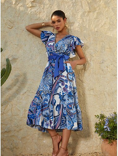  Damen Maxidress Paisley-Kleid Casual kleid Basic Brautkleider schlicht Urlaub Casual Täglich Regular Fit Graphic Paisley-Muster Kurzarm V Ausschnitt Blau Sommer Frühling