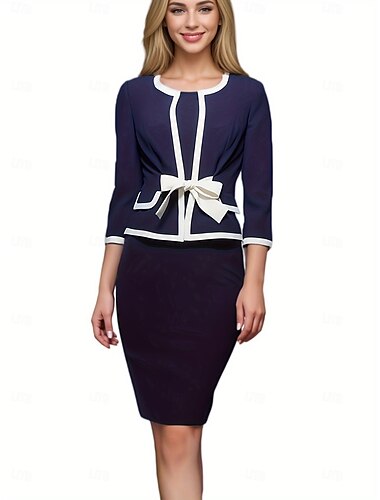  Women's Work Dress Shift Dress Elegant Office Daily Midi Dress Patchwork Crew Neck 3/4 Length Sleeve Plain Regular Fit Navy Blue Spring Fall S M L XL