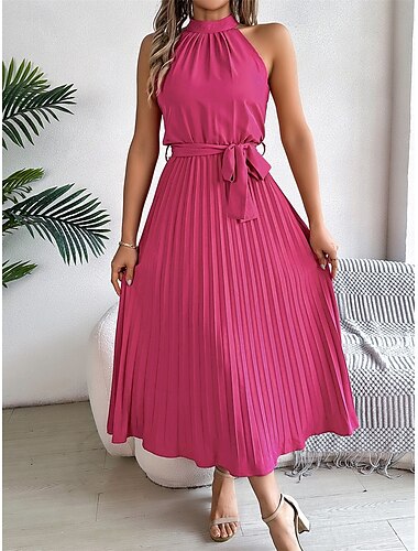  Midi-Kleid für Frauen Wickelkleid A-Linien-Kleid Faltenkleid Halterkleid Urlaub Urlaub Casual Alltag Reguläre Passform Grafisch Ärmellos Halterkragen Schwarz Rosa Wein Grün Sommer