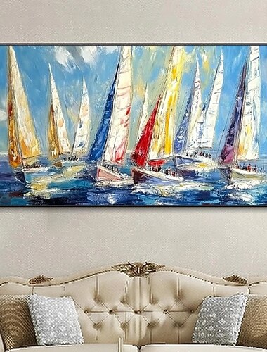  Paysage marin bleu océan voilier art mural abstrait plage paysage marin peinture sur toile salon peinture à l'huile 100% fait main art mural peint à la main sur toile abstrait maritime voilier paysage
