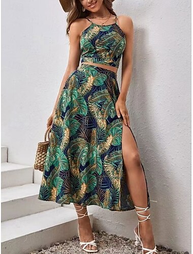  Conjuntos de dos piezas de vestido midi para mujer vestido de verano vestido deslizante vacaciones estiloso casual diario ajuste regular gráfica sin mangas tirante verde gris verano