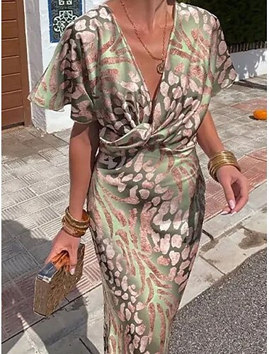  Damen Midikleid Bandage Kleid Figurbetontes Kleid Party Geburtstag Urlaub Täglich Regular Fit Graphic Kurzarm V Ausschnitt Grün Sommer