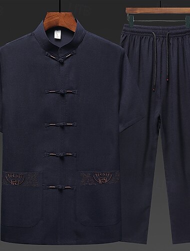  Herren Hemd Hemden-Set Sommerhemd Lässiges Hemd Strandhemd Knopfhemd Weiß Marineblau Grün Hellgrau Dunkelgray Kurzarm Glatt Ständer Urlaub Hawaiianisch 2 teilig Bekleidung Polyester Brautkleider