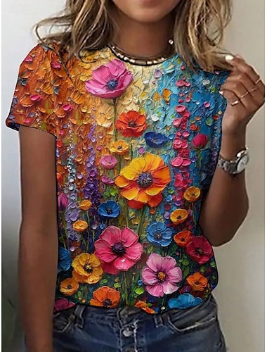  Dames T-shirt Bloemig Kleurenblok Casual Korte mouw Ronde hals Normale tops Dagelijks Afdrukken Regenboog Zomer
