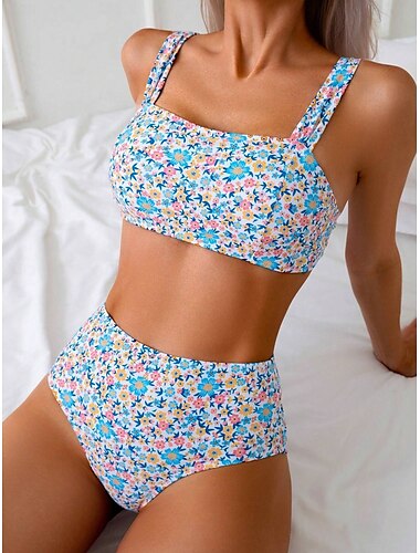  Femme Maillots de Bain Bikinis 2 pièces Slip Brésilien Maillot de bain Dos Nu Taille haute Mince Vacances Tenues de plage Floral Sans Bretelles Sans Manches Maillots de bain