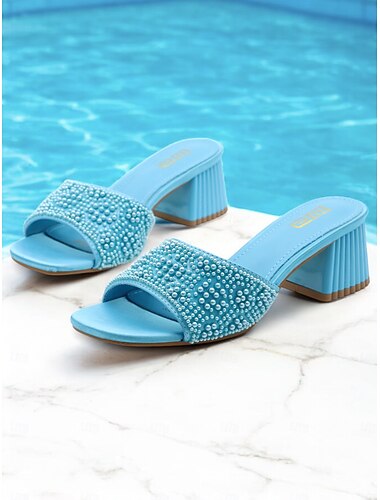 női világoskék gyöngyökkel díszített blokksarkú öszvérek – elegáns, nyitott orrú felbújós szandál nyári bulikhoz és estélyi viselethez