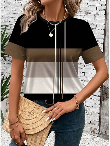  Women's T Shirt Geometric Casual Short Sleeve Round Neck Regular Tops Daily Print Black White Blue Summer