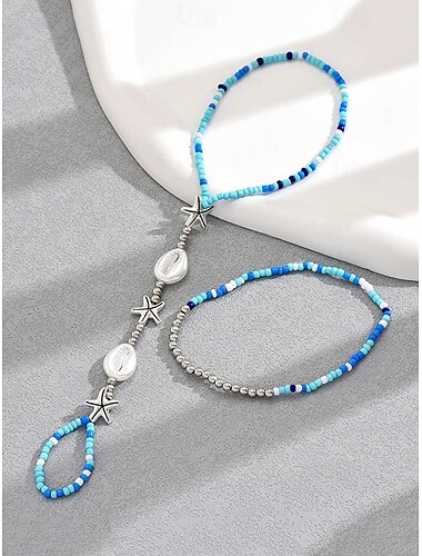  Fußschmuck für den Strand – Fußkettchen aus blauen Perlen mit Seesternen und Kauri-Muscheln, verstellbar und boho-chic, perfekt für den Sommer, Strandpartys und Festivals