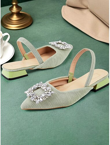  Escarpins à bride arrière en satin vert avec boucle en cristal – chaussures décontractées élégantes pour femmes, parfaites pour les événements de jour, les fêtes ou les cocktails
