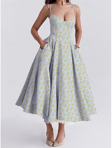  Retro Vintage 1950er Midlänge Kleid Ausgestelltes Kleid Spaghetti-Träger Korsett Blumen A-Linie Damen Maskerade Hochzeit Urlaub Teegesellschaft Erwachsene Kleid