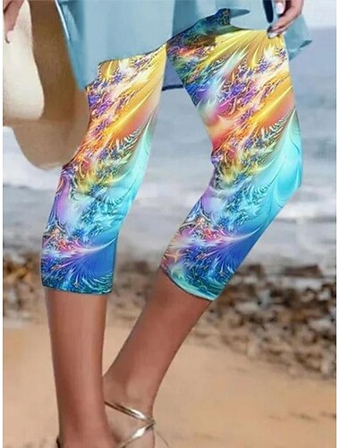  Damleggings Capri Byxor Hög Elasticitet Mode Ankel-längd Mid Waist Färgblock Tryck Avslappnad Daglig Regnbåge Sommar Regular Fit