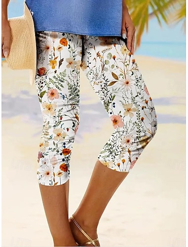  Leggings Capri pour femmes haute élasticité mode streetwear pleine longueur taille mi-haute impression florale thermique chaud respirant doux extérieur quotidien noir bleu ciel bleu été printemps