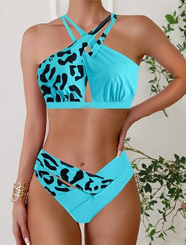  Naisten Tankini Kaksiosainen uimapuku Niskalenkki Avoin selkä Uima-asut Leopardikuvio Uima-asut Sininen Musta Nopea kuivuminen Kevyt Hengittävä Hihaton - Lainelautailu Hiekkaranta Uinti Kesä Kevät