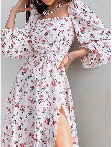  Damen Midikleid Corsagenkleider A Linie Kleid Milchmädchen-Kleid Kleid mit Puffärmeln Urlaub Urlaub Casual Täglich Regular Fit Blumen Graphic Langarm Quadratischer Ausschnitt Weiß Rote Sommer