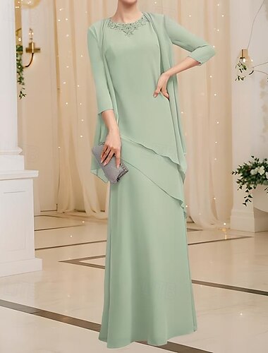  Zwei-teiliges Kleid Mutter der Braut Elegant Vintage Einfach Rundhals Bodenlänge Chiffon 3/4 lange Ärmel Jackett Kleider mit Pailletten Perlen Kaskadierenden Rüschen 2025