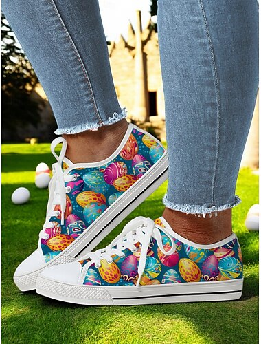  Canvas-Sneakers mit Osterei-Print für Damen – farbenfrohe Schnürschuhe für die Frühlingsferien und lässige Streetwear