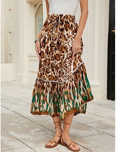  Dames Lange rok Bohemen Boho Lange Lengte Maxi Hoge taille Rokken Luipaard Kleurenblok Lapwerk Afdrukken Micro-elastisch Feestdagen Strand Bruin Lente, Herfst, Winter, Zomer Polyester Viscose