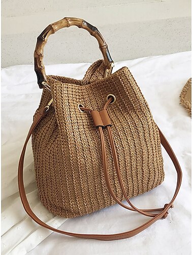  sac seau en bambou tressé pour femme – sac à main en paille bohème chic avec bandoulière réglable pour les sorties décontractées, de voyage et de plage
