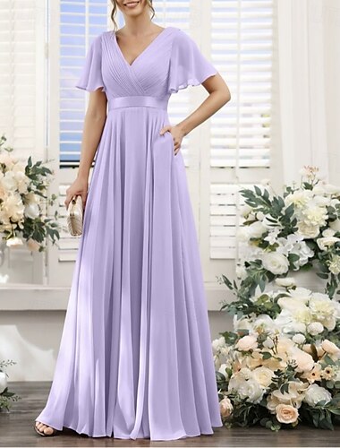  A-Linie Brautjungfernkleid V Ausschnitt Kurzarm Elegant Bodenlang Chiffon mit Raffung 2022
