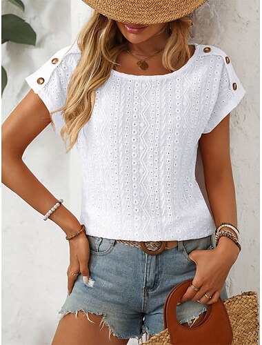  Dames T-shirt Effen Modieus Modern Casual Korte mouw Strakke ronde hals Normale tops Dagelijks Weekend Lapwerk Knop Wit Hemelsblauw Oranje Rose Roze Zomer Lente