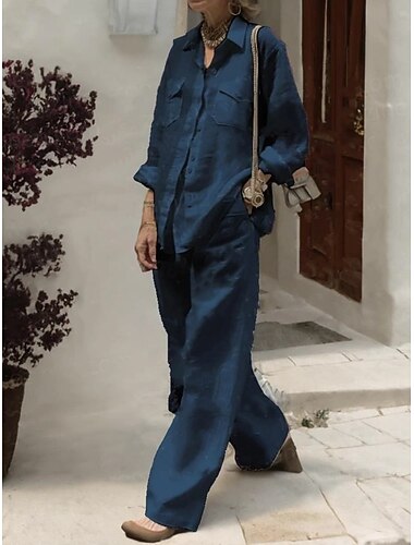  Női Ing Pamuk Blend Vászon ihletésű szettek Széles szárú nadrág Hosszú ujj Állógallér Sima Divat Utcai sikk Napi Hétköznapi Napi Fehér Arcpír rózsaszín Katonai zöld Nyár Normál