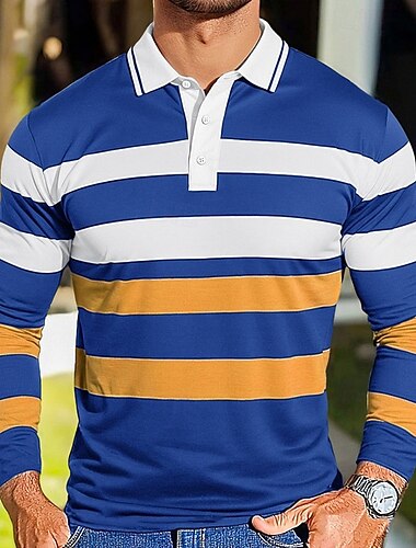  Men's Color Block Stripes Rugby Polo Shirts Long Sleeve Polo Shirts Lapel Classic Fashion 3D Print Modern Casual Sports Stripe Fall Winter Black Blue Purple