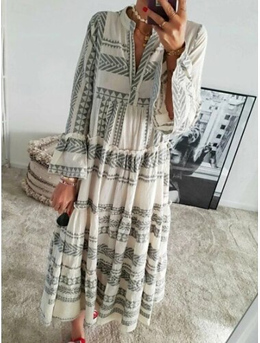  Damen Maxidress Sweatkleid Sommerkleid Rüschenkleid Figurbetontes Kleid Urlaub Urlaub Täglich Regular Fit Graphic Langarm V Ausschnitt Rote Grau Sommer