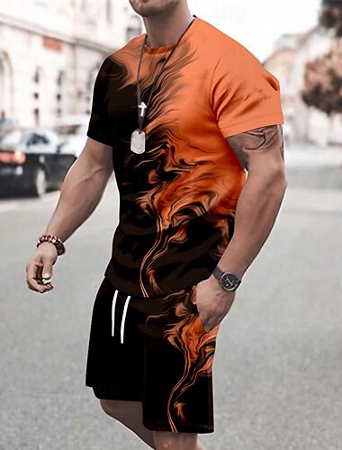  Herren Spritzer 2St T-Shirts-Sets Sommeroberteile Kurzarm Kurze Hosen Rundhalsausschnitt Sport Lässig Outdoor Urlaub Sport 3D-Druck Sommer Rubinrot Weiß Grün