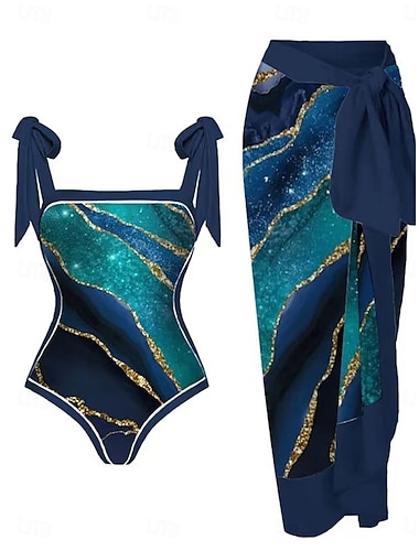  Dames Zwemkleding Een stukje 2 stuks Zwempak Blote rug Buikcontrole Hoge taille Slank Vakantie Strand Kleding Grafisch U-hals Mouwloos Badpakken