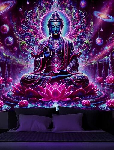  Tapisserie noire lumineuse qui brille dans le noir Glow Party UV réactive Trippy Misty mandala Bouddha bohémien paysage naturel Tapisserie murale art mural pour salon chambre