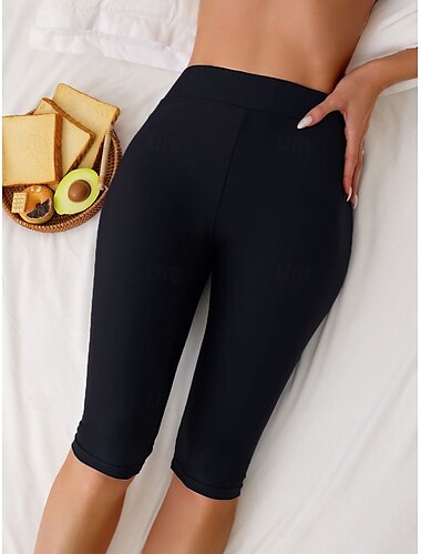  Damen Badeanzug Dehnbare Boxershorts Bademode Hohe Taillenlinie Urlaub Strandbekleidung Feste Farbe Ärmellos Badeanzüge