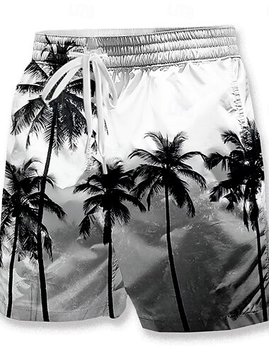  Men's Coconut Tree 3D Print Swim Trunks Swim Shorts Board Shorts Mid Waist Hawaiian Casual Vacation Holiday Beach Wear Side Pockets Mesh Lining Elastic Drawstring Waist Designer Clothing Apparel