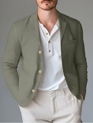  Herren Leichte Jacke Leinen-Blazer Outdoor B¨¹ro Täglich Frühling Sommer Baumwolle und Leinen Feste Farbe Bequem Einreihiger Verschluss Blazer Hellgrün Marineblau Kaki