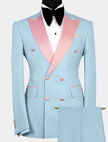  Trajes de boda de fiesta para hombres Smoking Trajes de regreso a casa Azul cielo Morado Lujo Formal Verano Sólido Ajuste estándar 2 piezas de doble botonadura de seis botones