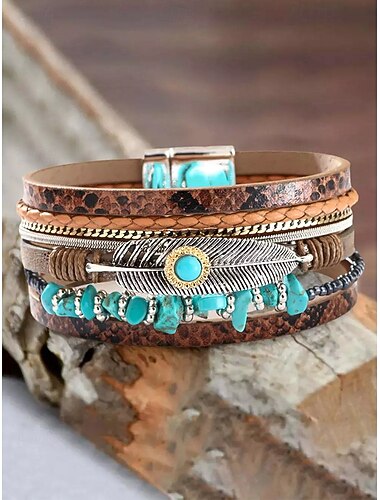  boho läder och turkos magnetarmband armband - justerbar flerlagers design med fjädrar och ädelstenar, perfekt för casual, sommar och festival stilar
