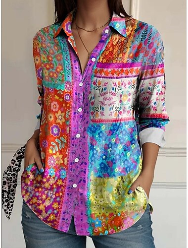  Per donna Camicia Floreale Bohemien Tropicale Casual Manica Lunga Colletto a Camicia Top Regolari Quotidiano Ferie Uscire Bottoni Stampato Arcobaleno Estate Primavera