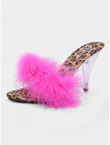  Damen-Pantoletten mit Absatz und Leopardenmuster und flauschigen roten Federn – sexy und verspielte Slipper mit offener Spitze